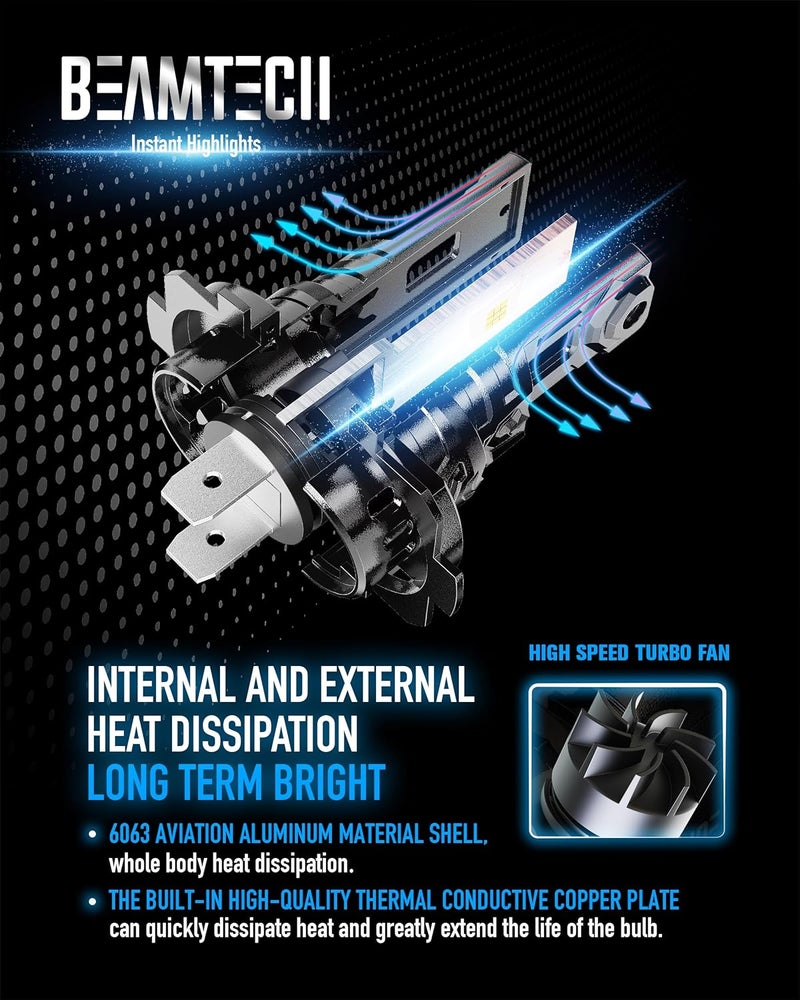 BEAMTECH H7 Light Bulb, No Adapter Need High Speed Fan 6500K Xenon White H7 Bulbs or Fog Lights Pack of 2 - Image 4